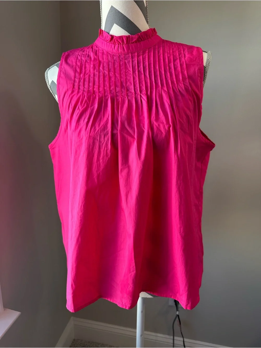 J.Crew Bright Dahlia Hot Pink Pintuck Cotton Poplin Ruffle Neck Top Blouse L NWT